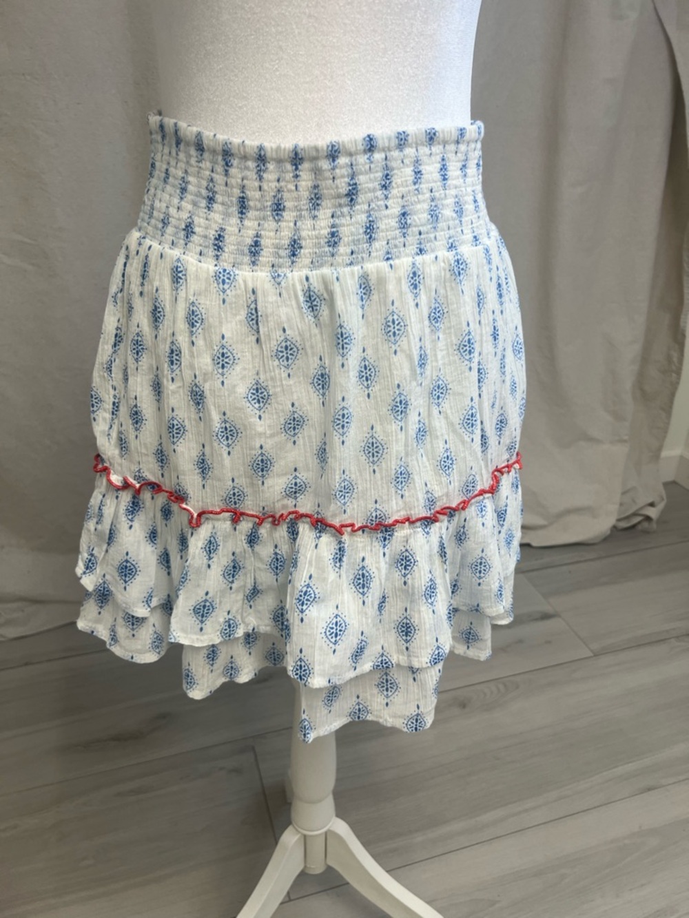 THML Blue Block Gauze Mini Skirt Red Trim‎ Sz M Boho Festival Summer Western